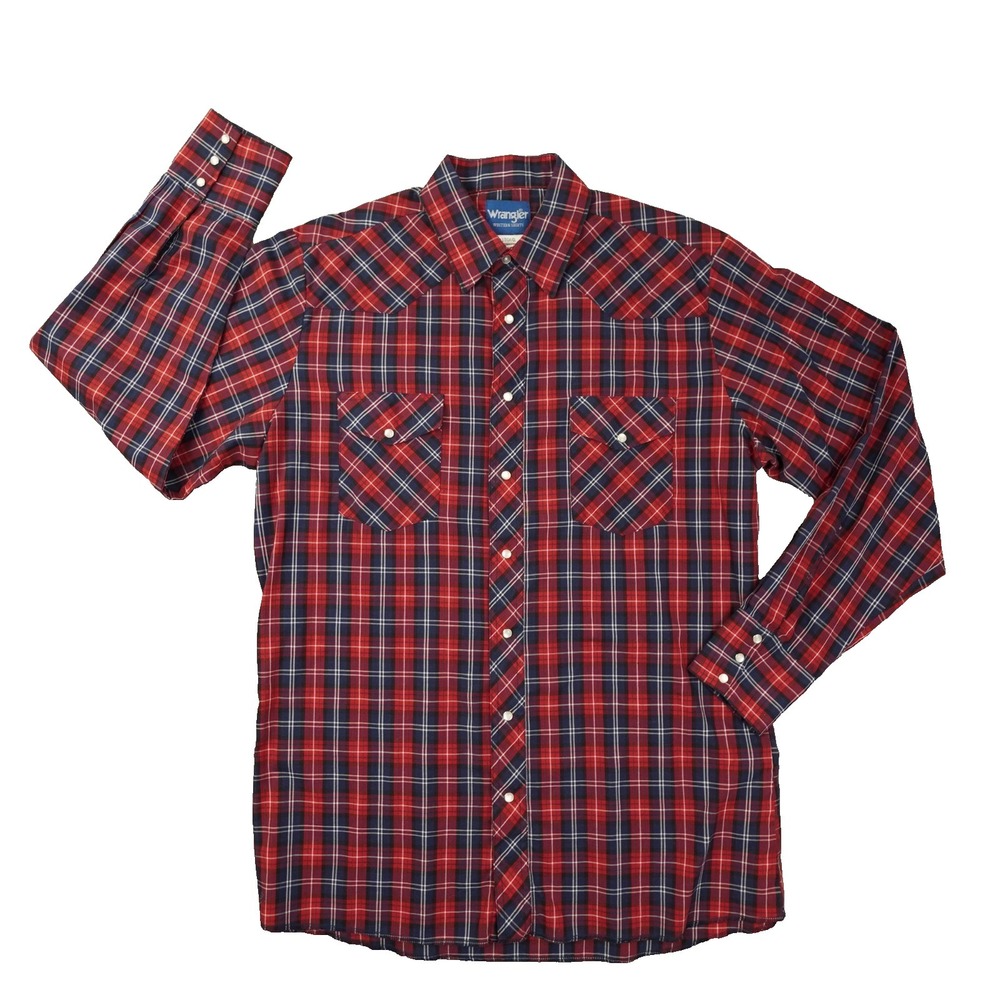 Wranlger Vintage Pearl Snap Shirt Mens LT Red Blue Plaid Western Cowboy Workwear